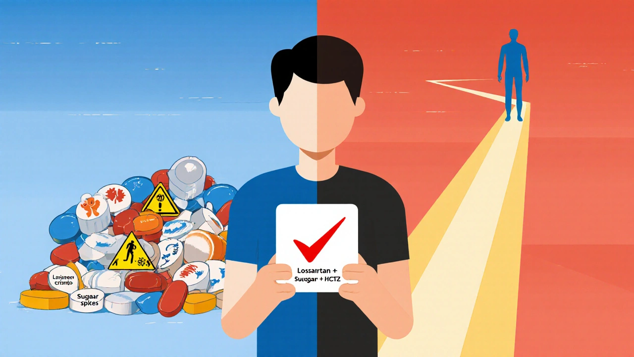 A person choosing a single combination pill over multiple separate pills in a clean geometric style.