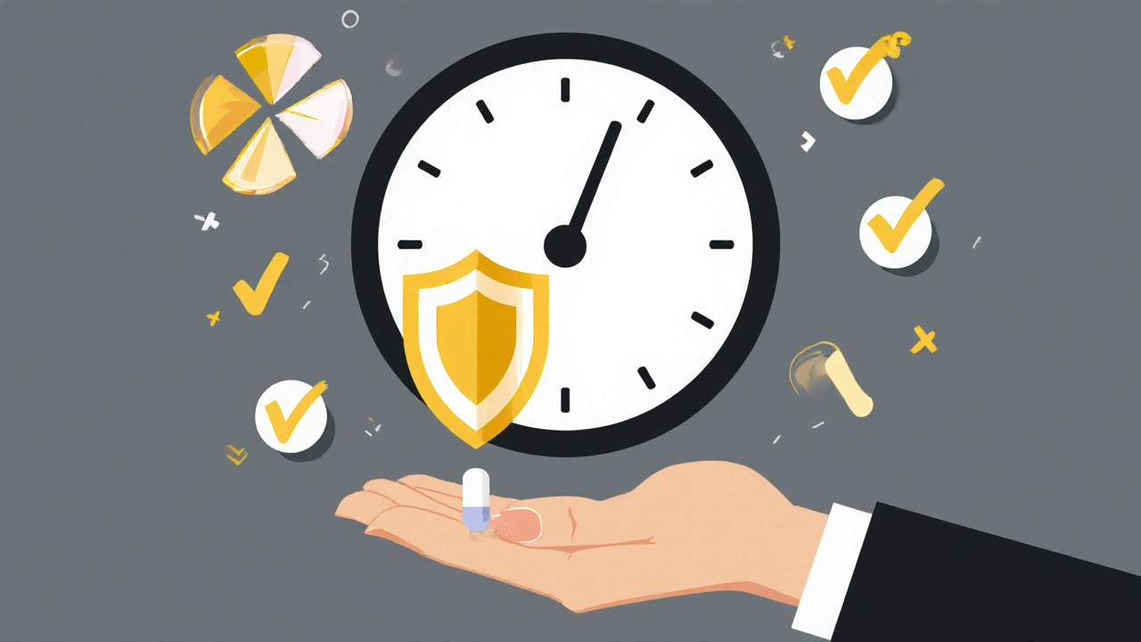 A tablet falling as a protective shield against a broken condom and missed pill, with a clock showing time sensitivity.