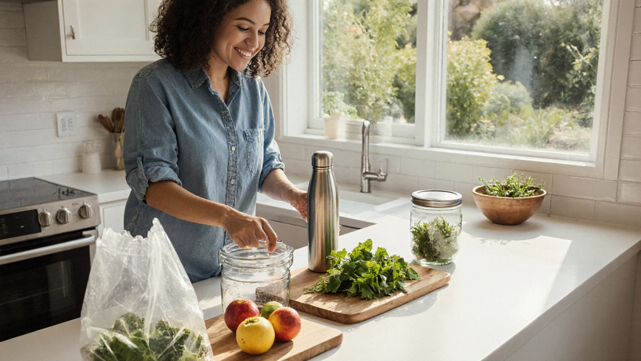 Bright kitchen scene with woman arranging fresh produce, glass containers, and stainless steel bottle to cut chemical exposure.