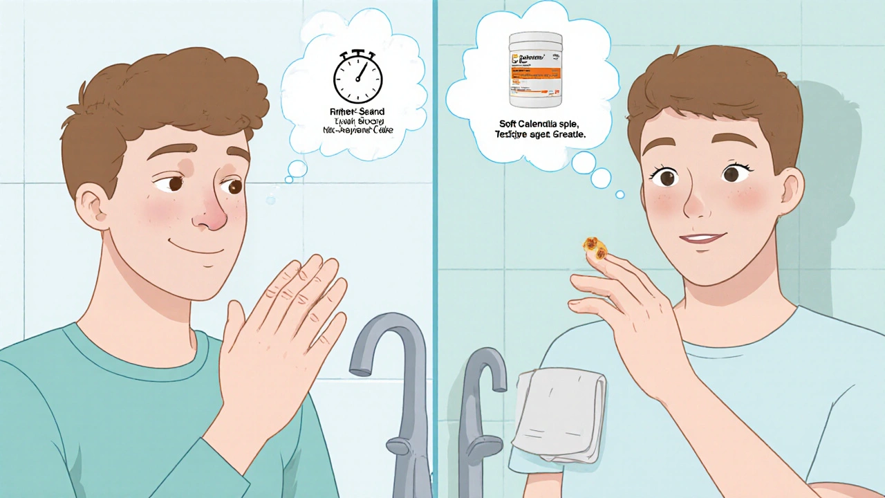 Cartoon person applying Podowart to a wart, washing hands, timer, and a thought bubble of Calendula cream.