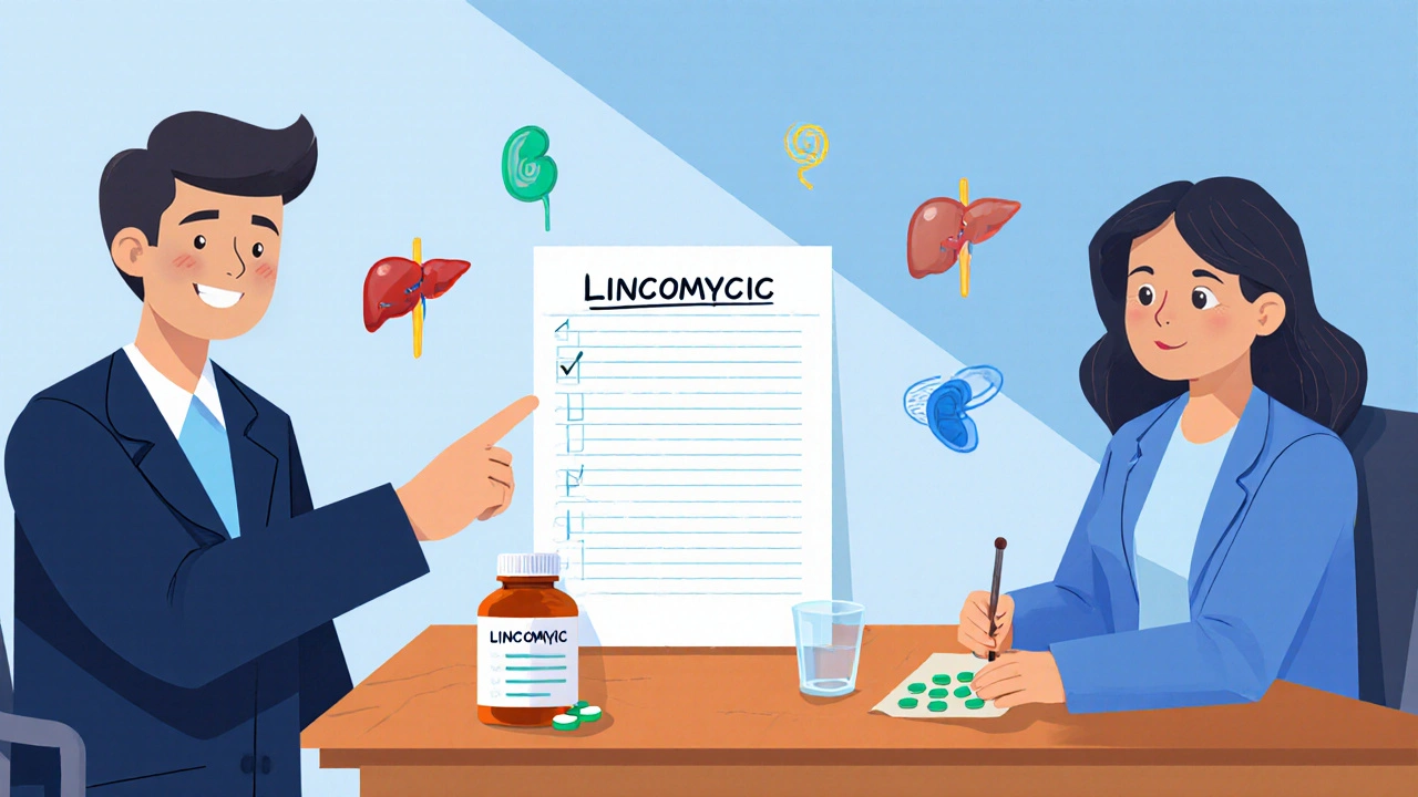 Clinician reviewing Lincomycin checklist with icons for liver, kidney and side effects.
