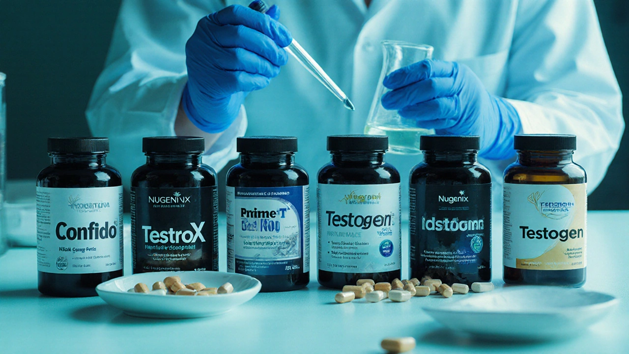 Close‑up of six supplement bottles on lab bench with scientific tools beside them.