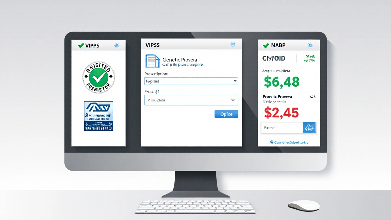 Computer screen showing accreditation logos, prescription upload, and price comparison for generic Provera.
