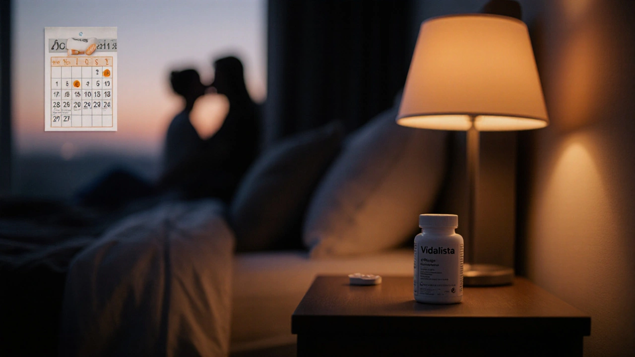 Cozy bedroom scene with a Vidalista bottle on the bedside table and a calendar hinting at a 24‑36 hour window.