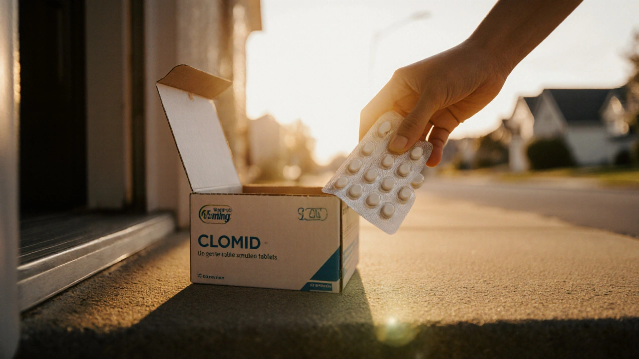 Delivery box on a doorstep with a hand checking a Clomid tablet.