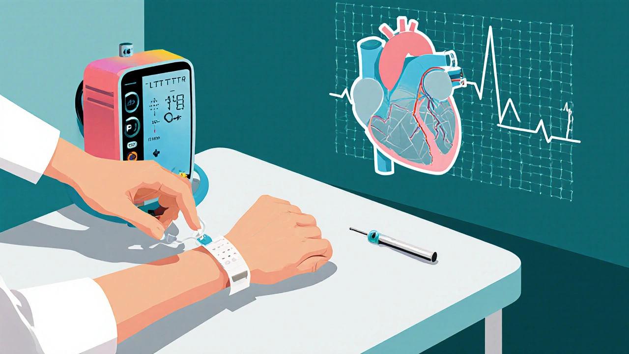 Doctor applying Holter monitor and ECG electrodes while a stylized heart shows circuits.
