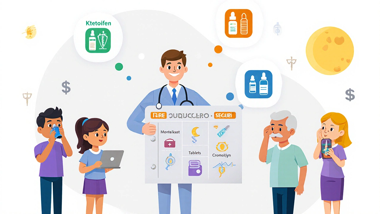 Doctor consulting patients with floating icons of various allergy medications.