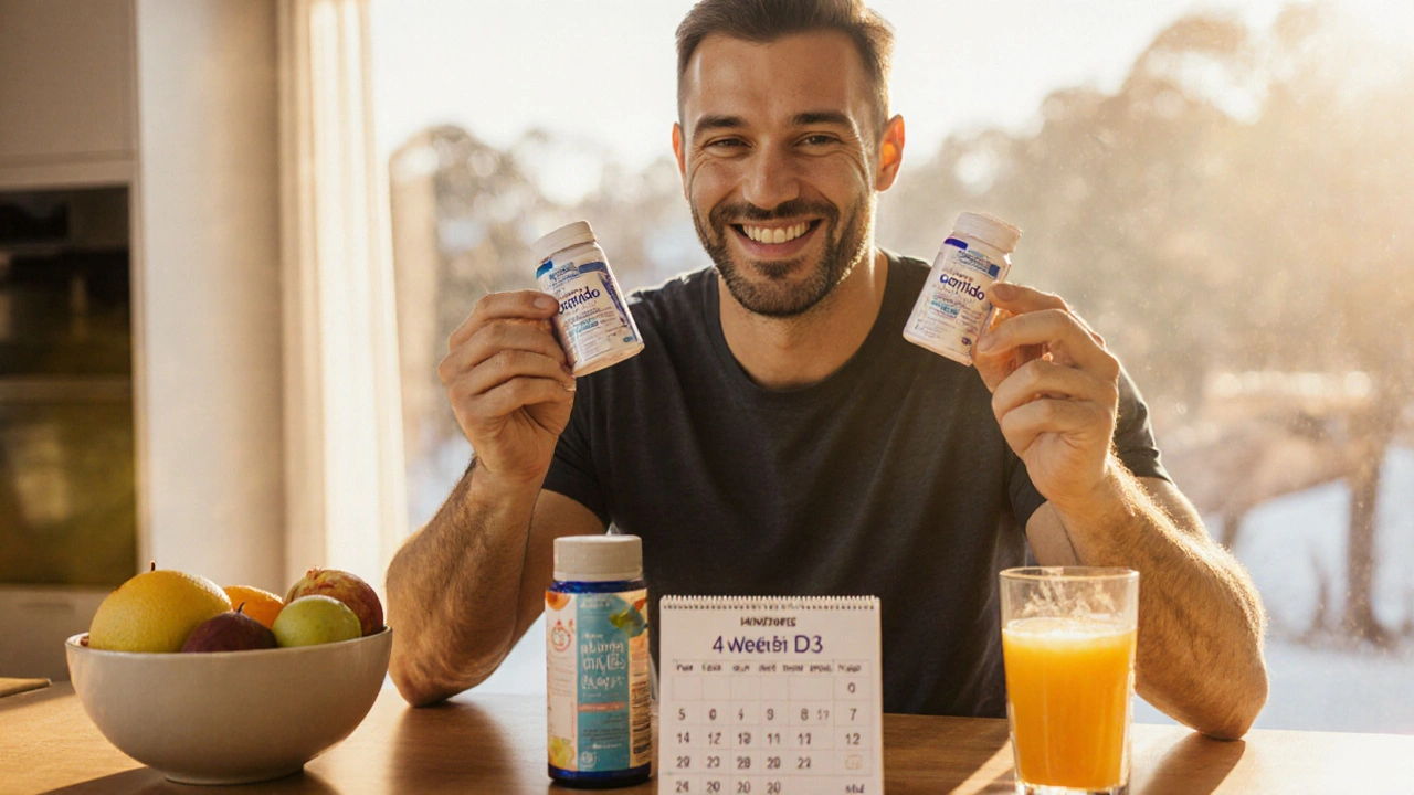 Fit man in kitchen holding Confido capsules, orange juice, and a calendar reminder.