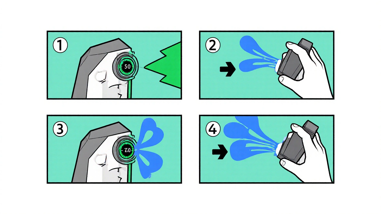 Four‑panel geometric guide: remove cap, exhale, press inhale, hold breath.