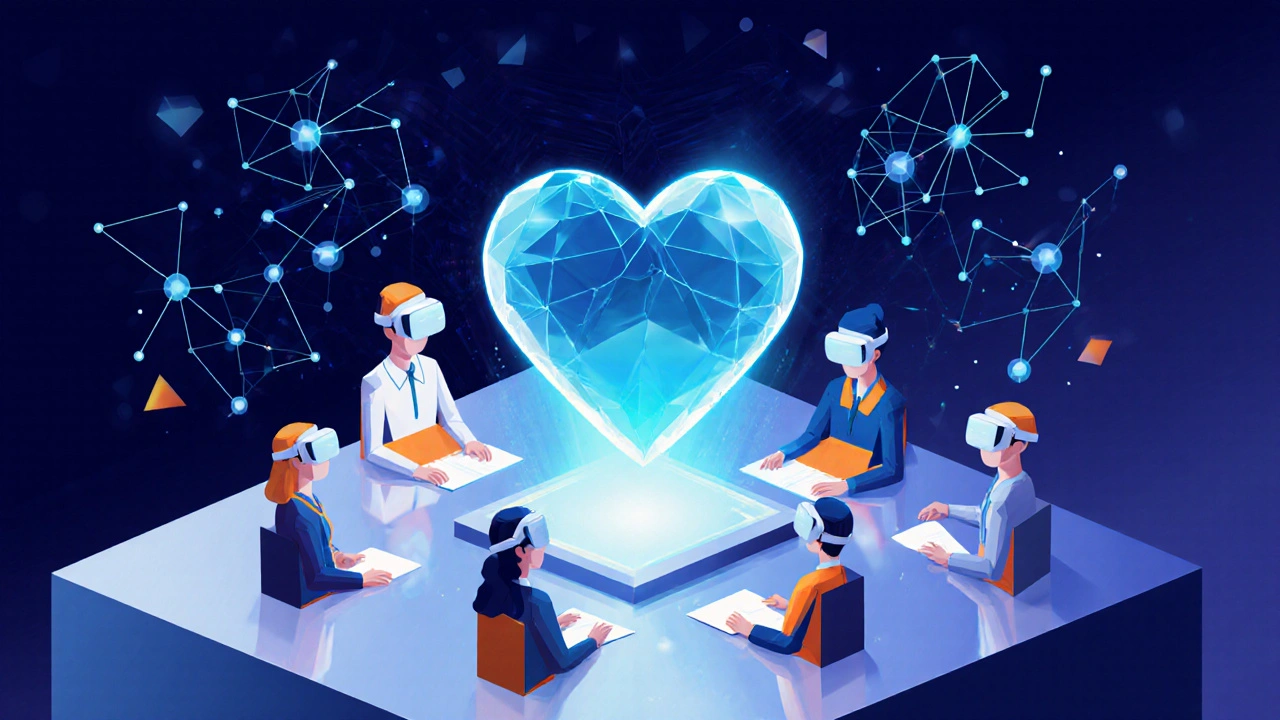 Futuristic geometric scene with VR helmets, holographic hearts and AI icons linking HSS patients.