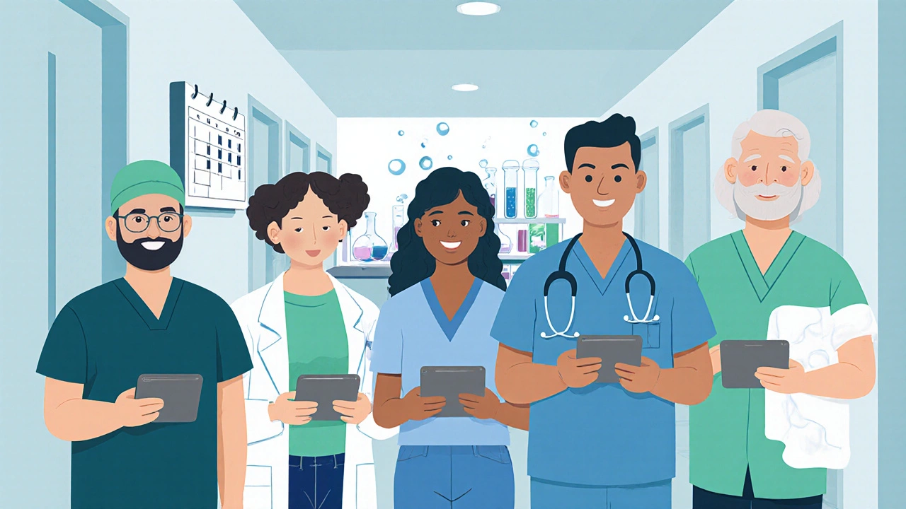 Group of patients hold tablets in a clinic, with a calendar and lab background indicating trials.