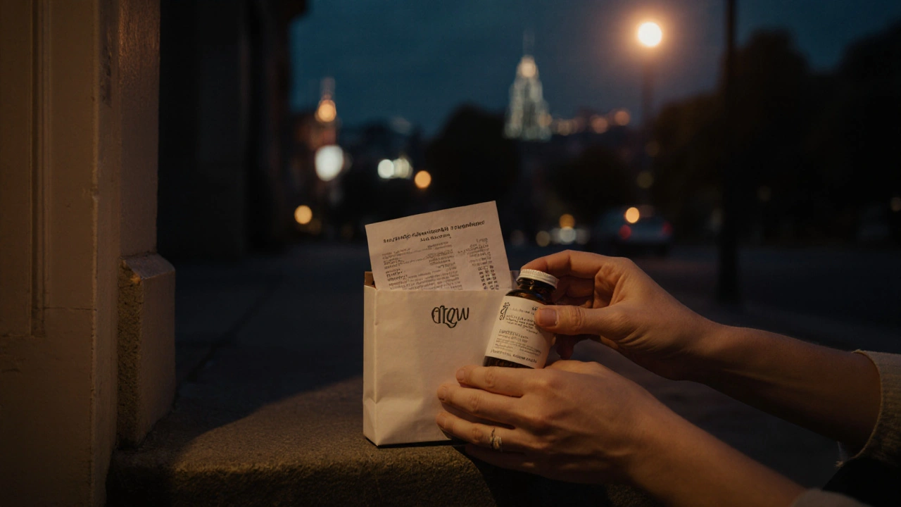 Hands open a discreet package revealing an isotretinoin bottle and receipt at dusk.