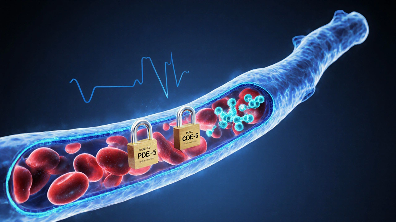 Illustration of a penile blood vessel with PDE‑5 locks opening and cGMP molecules releasing, showing increased blood flow.