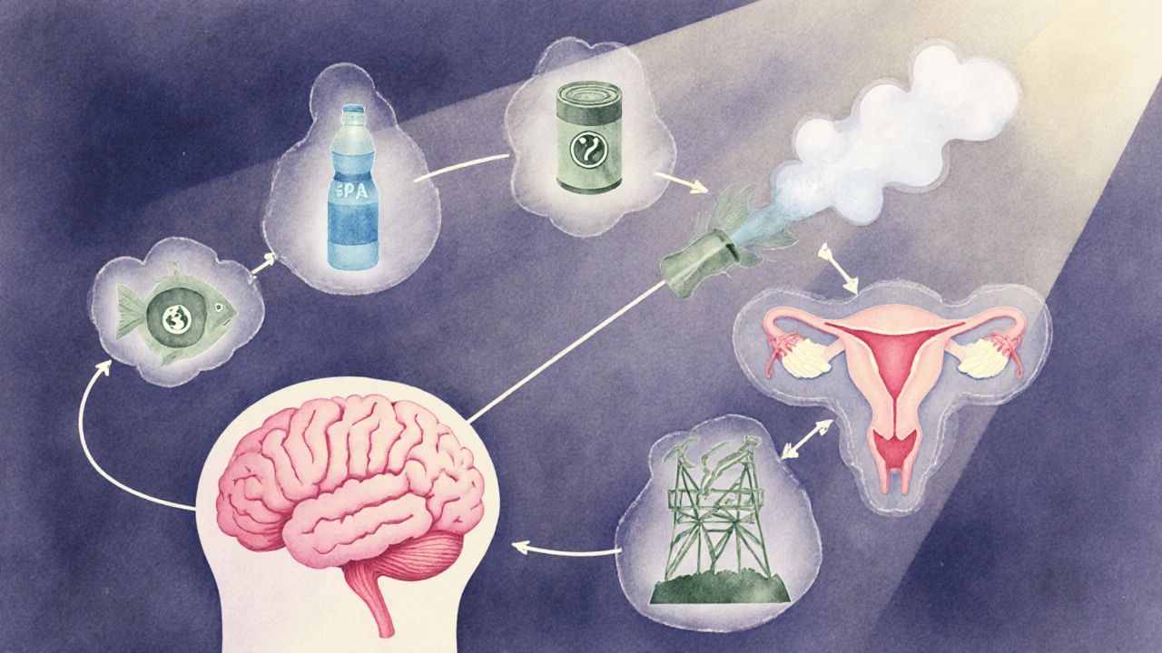 Illustration of hormonal feedback loop surrounded by icons of BPA, phthalates, pesticides, heavy metals, PCBs, and dioxins.