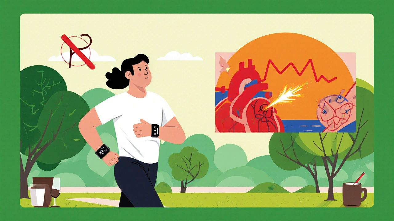 Jogger with smartwatch, crossed‑out coffee and cigarette, and a glowing catheter ablation spark.