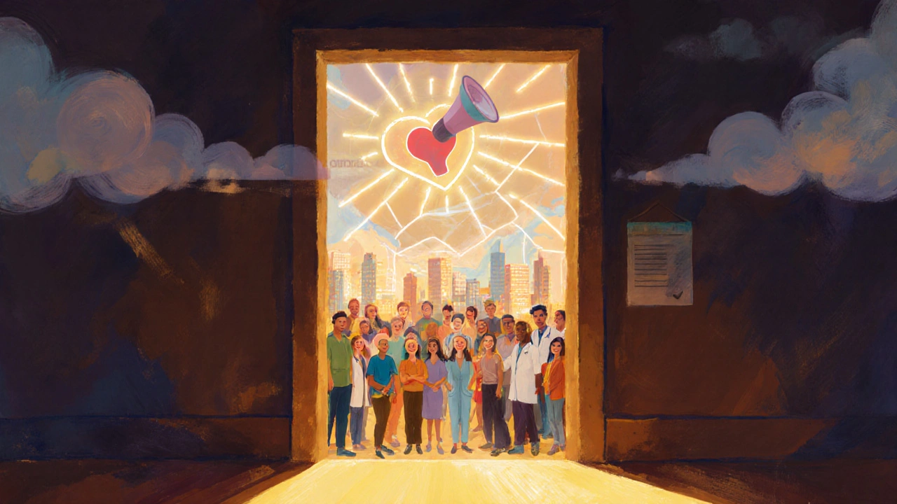 Open doorway leads to a bright community clinic, symbolizing hope after successful depression advocacy.