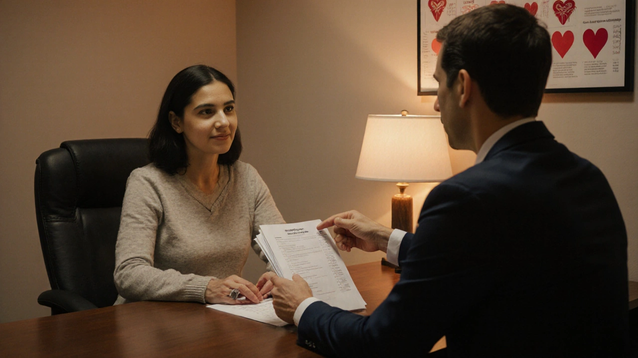 Patient and doctor discussing a checklist in a warm, oil‑painted clinic setting.