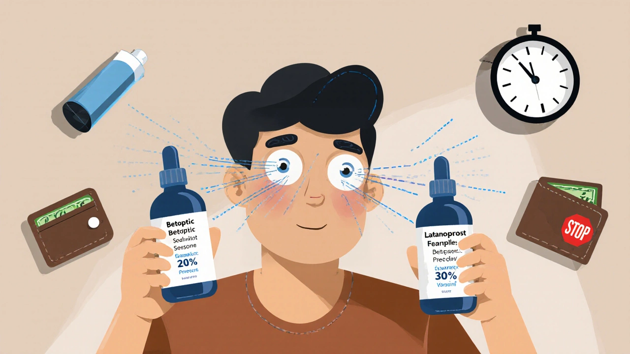 Patient choosing between Betoptic and Latanoprost with visual indicators of pressure reduction and side effects.
