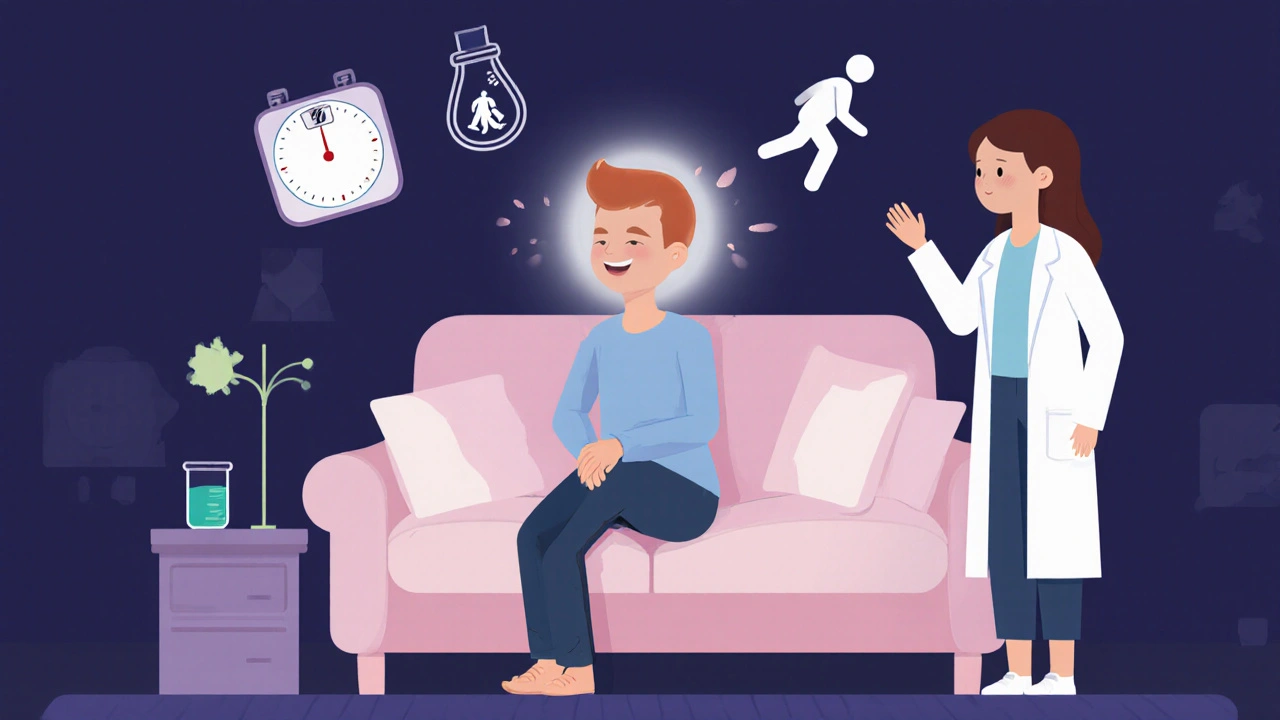 Patient feels uplifted at home while side‑effect monitoring icons float nearby.