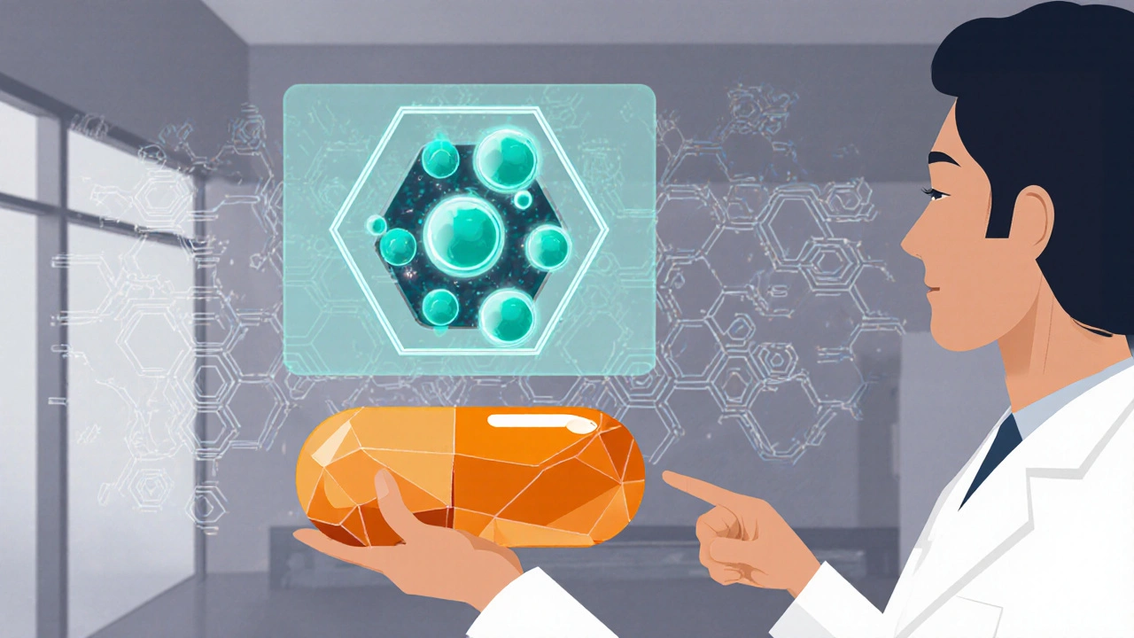 Patient receiving a Bactrim tablet beside holographic nanoparticle illustration.
