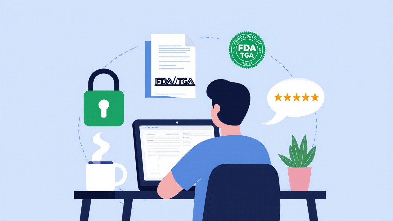 Person at a desk checks a laptop with icons for security, registration, prescription, and reviews.
