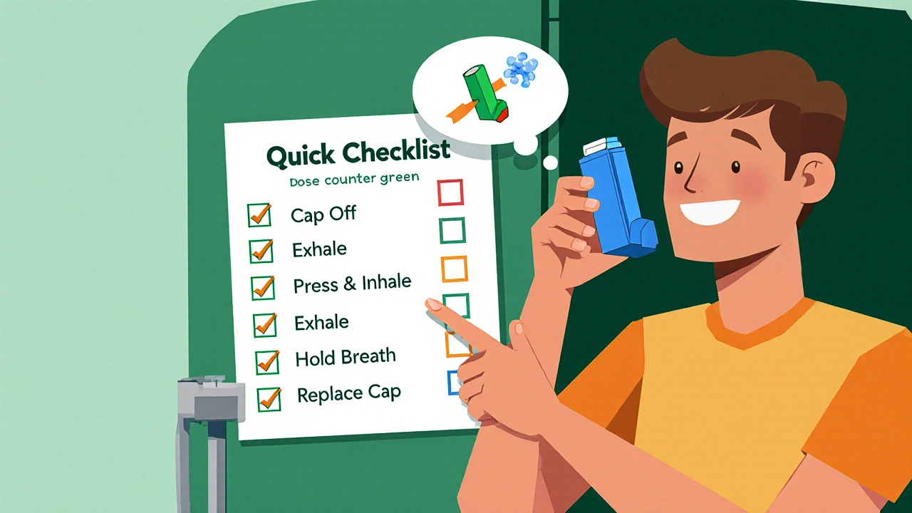 Person checking inhaler checklist on fridge, geometric icons with checkmarks.
