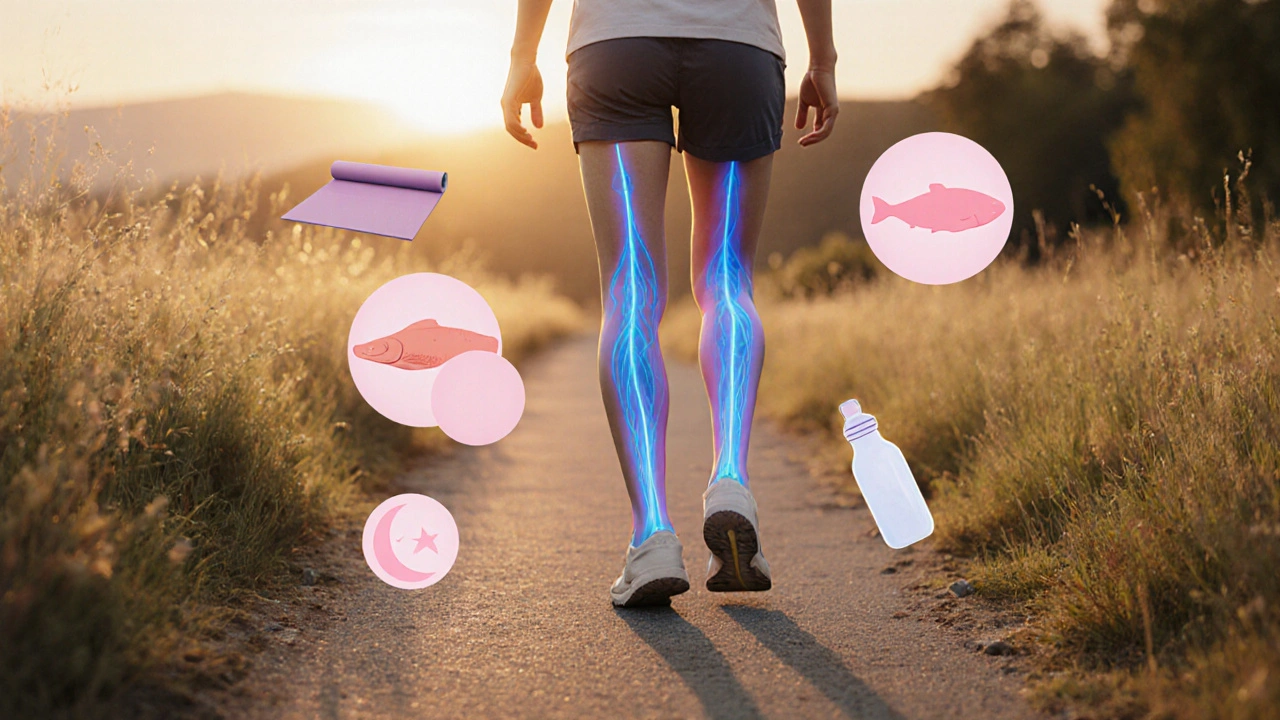 Person walking at sunrise with pastel icons of yoga, fish, sleep, indicating stress‑reduction for clot risk.
