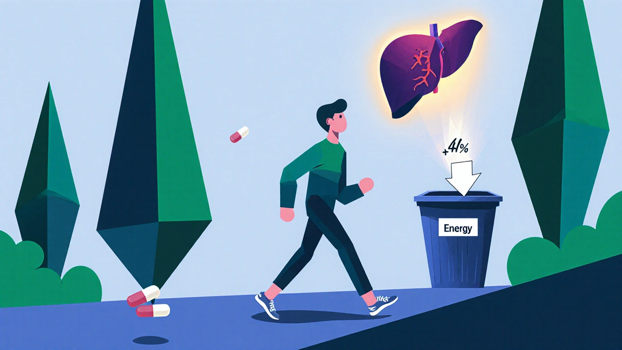 Person walking with glowing heart and liver icons as pills fade away, symbolizing improved energy