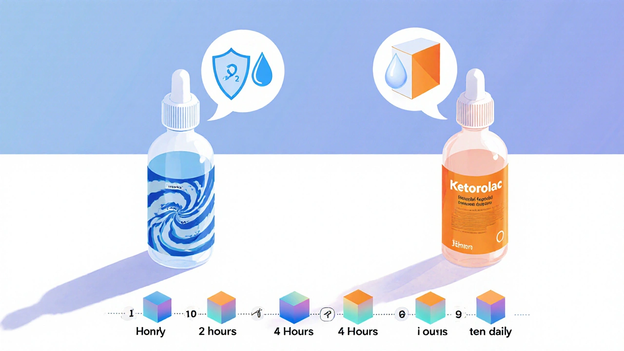 Side‑by‑side geometric icons of steroid and NSAID eye drop bottles with mechanism symbols and dosing steps.