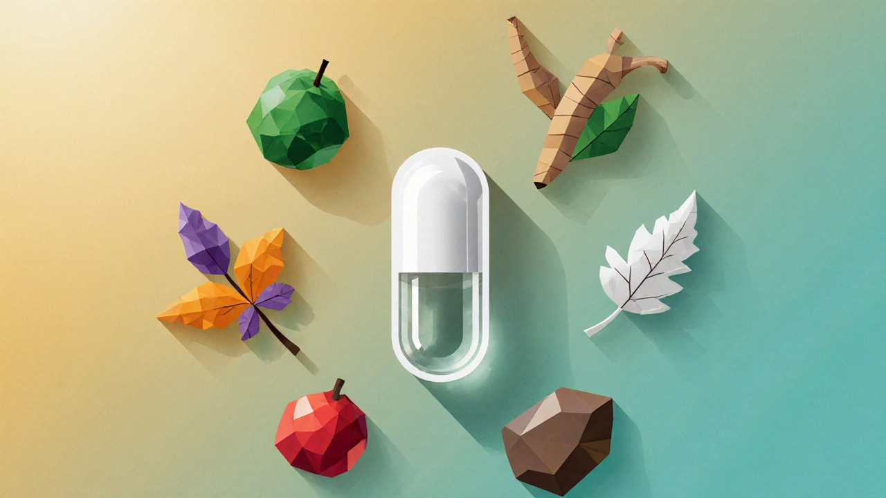 Six herb icons surrounding a translucent capsule representing Nirdosh blend.
