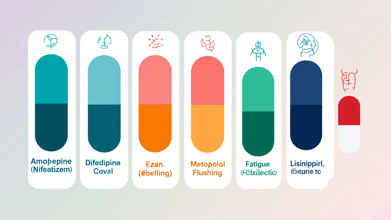 Six medication capsules with side‑effect icons in a clean, flat illustration.