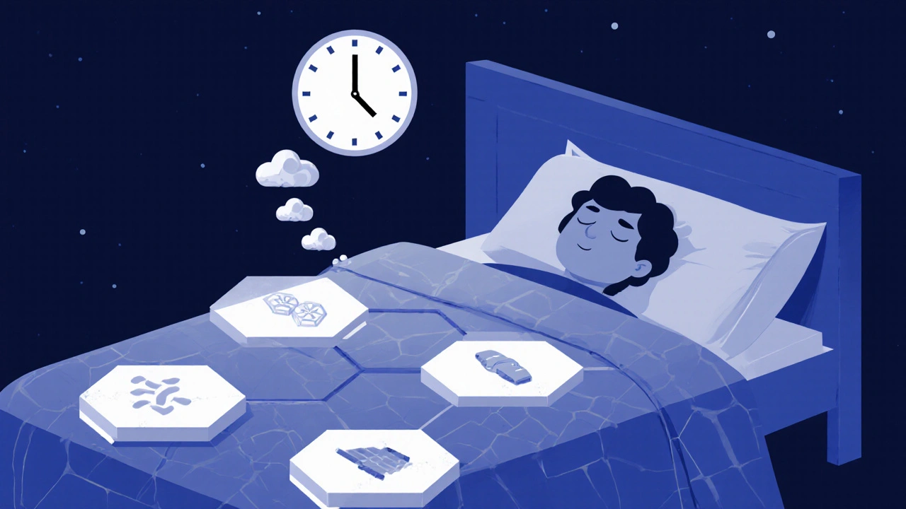 Sleeping person in geometric bedroom with clock moon and dissolving stress waves