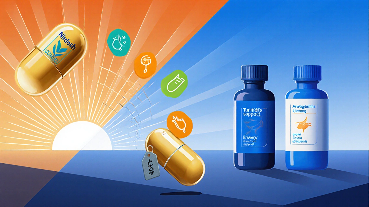 Split illustration comparing multi‑herb capsule benefits with single‑herb supplements.