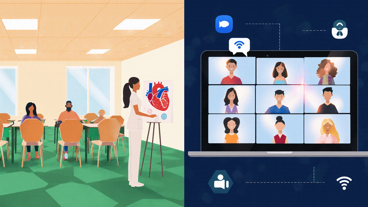 Split illustration showing an in‑person HSS support meeting and a virtual Zoom session side by side.