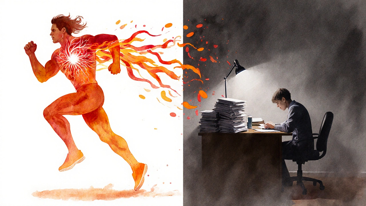Split scene: runner with acute stress flames, office worker with chronic stress mist, both showing clotting.