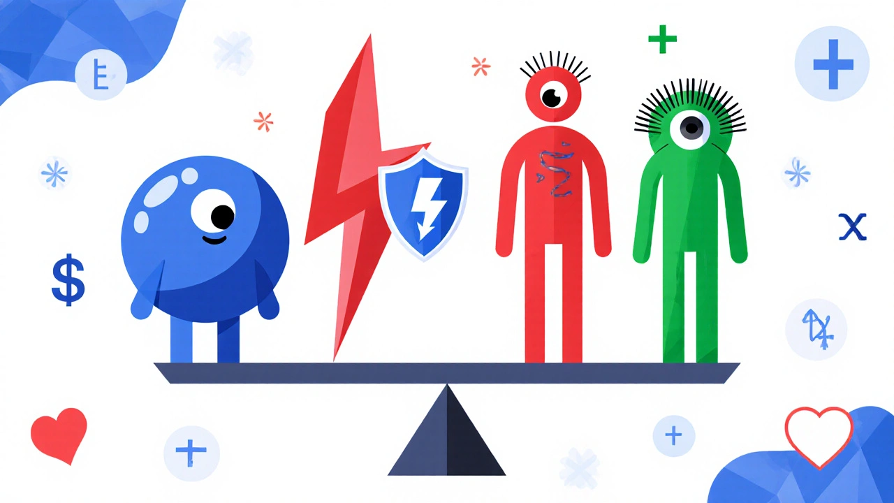 Stylized comparison of glaucoma treatments as geometric figures with safety, cost, and effectiveness icons.