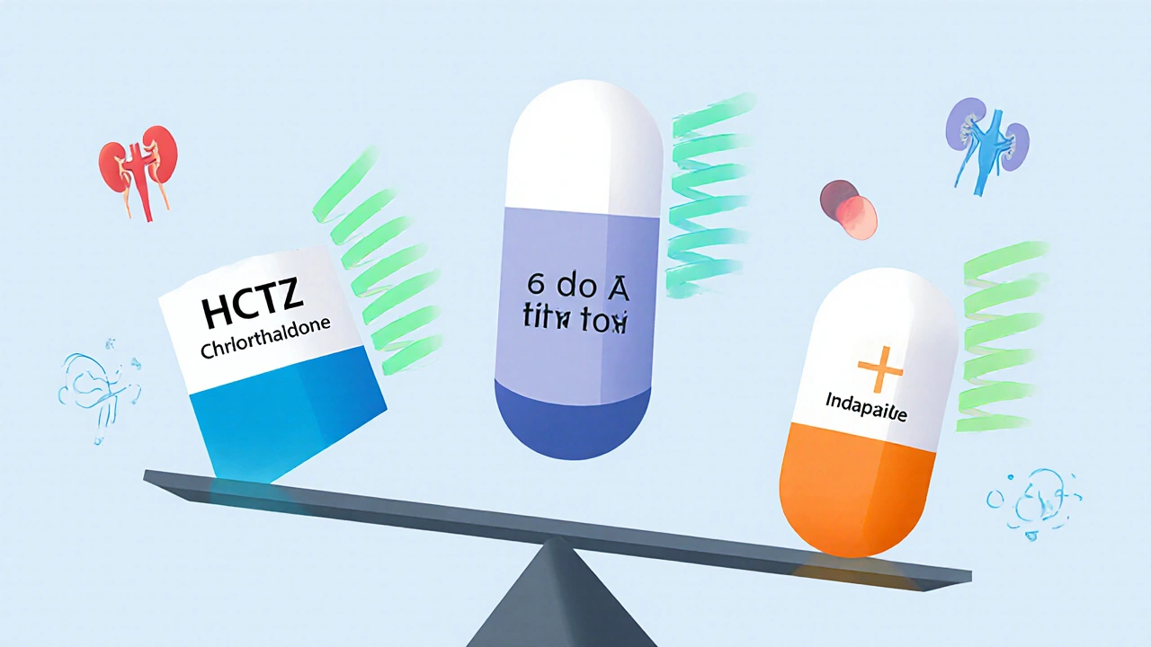 Three geometric pill shapes labeled with different diuretics, emitting colored energy waves.