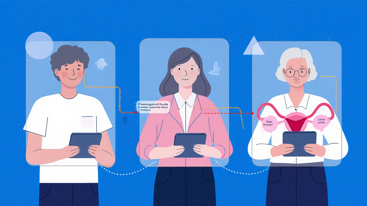 Three women with geometric diagrams showing how levonorgestrel BP prevents pregnancy by affecting ovulation, mucus, and the uterus.