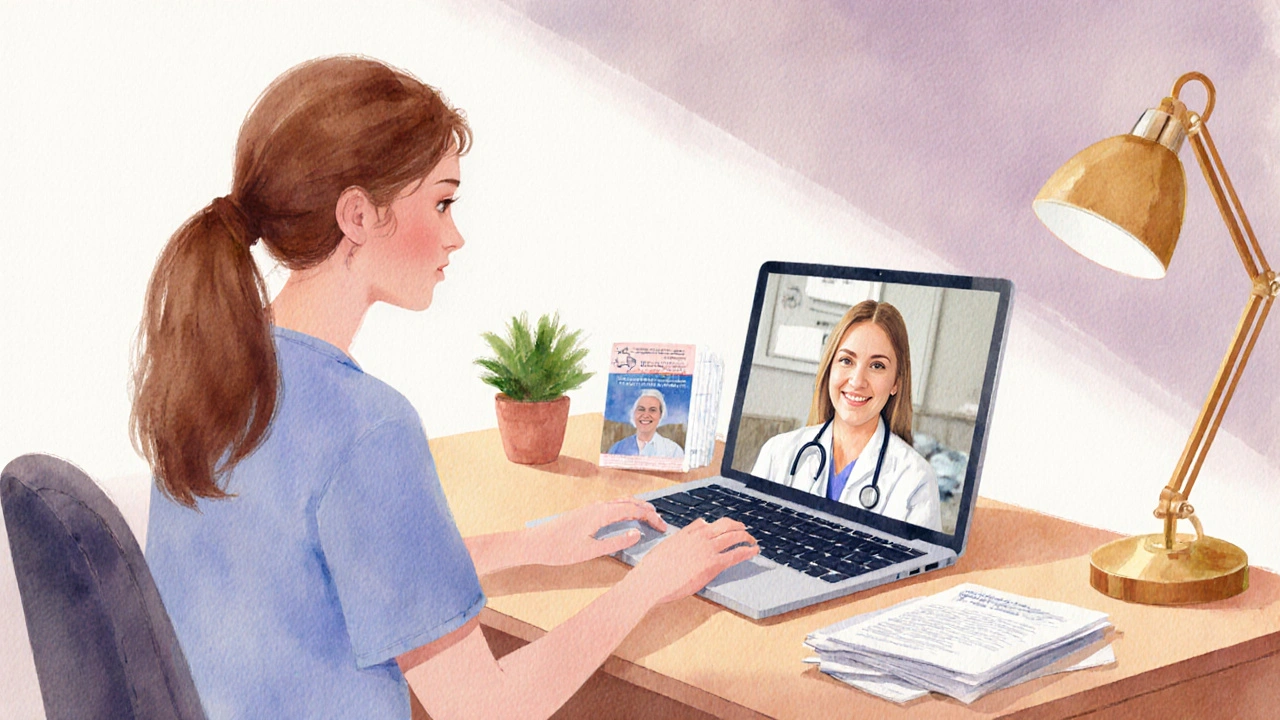 Watercolor scene of a woman having a telehealth video call with a doctor.