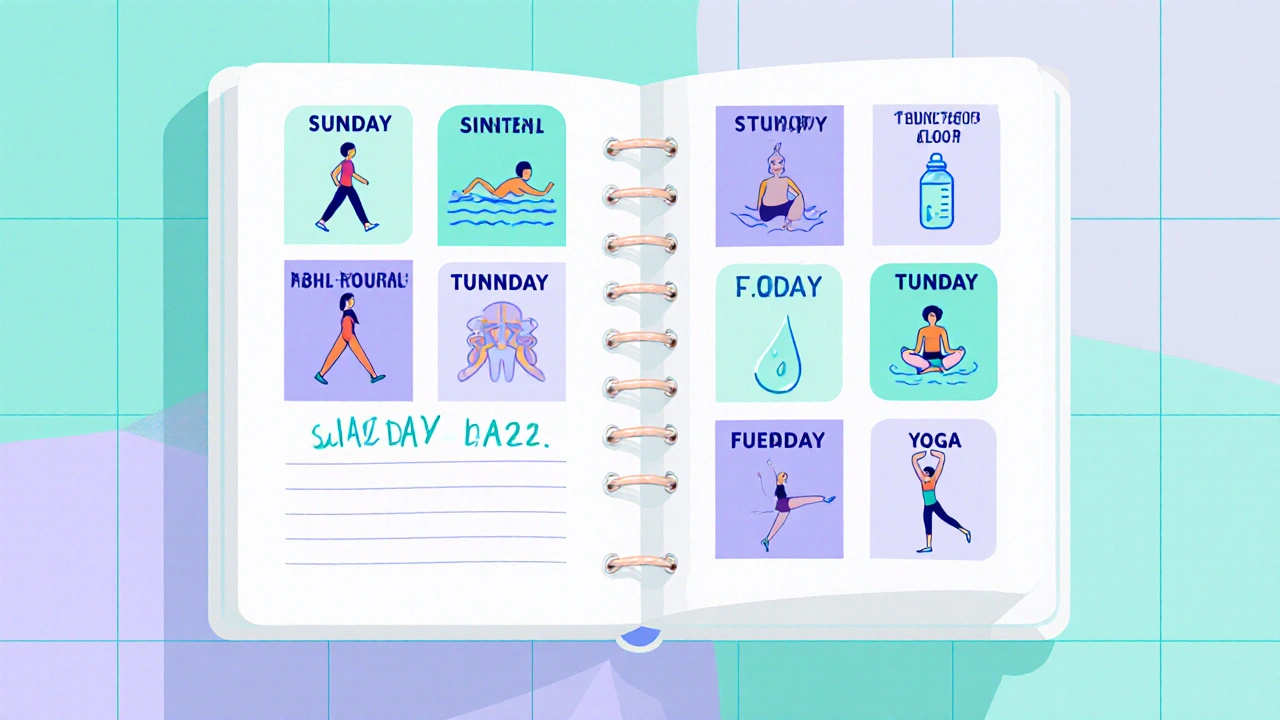 Weekly planner with geometric icons for walking, swimming, pelvic floor exercises, and fluid management.