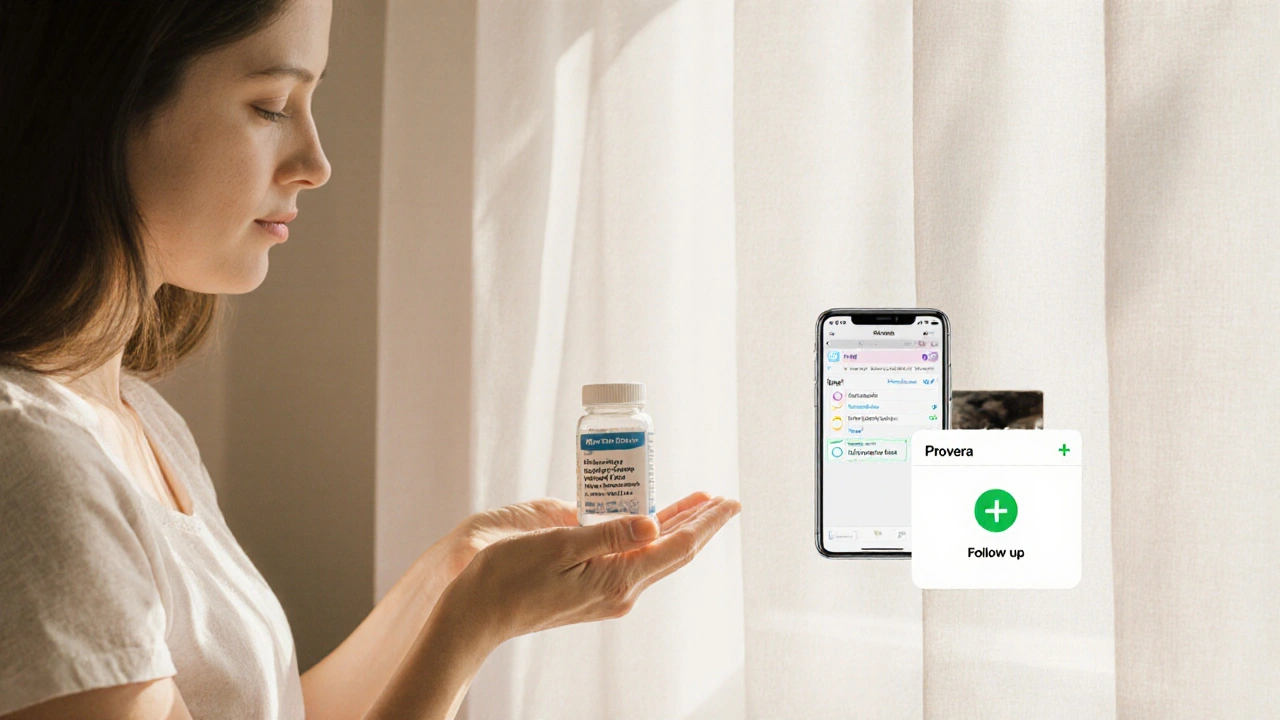 Woman taking a generic Provera pill while checking a symptom log and calendar reminder.