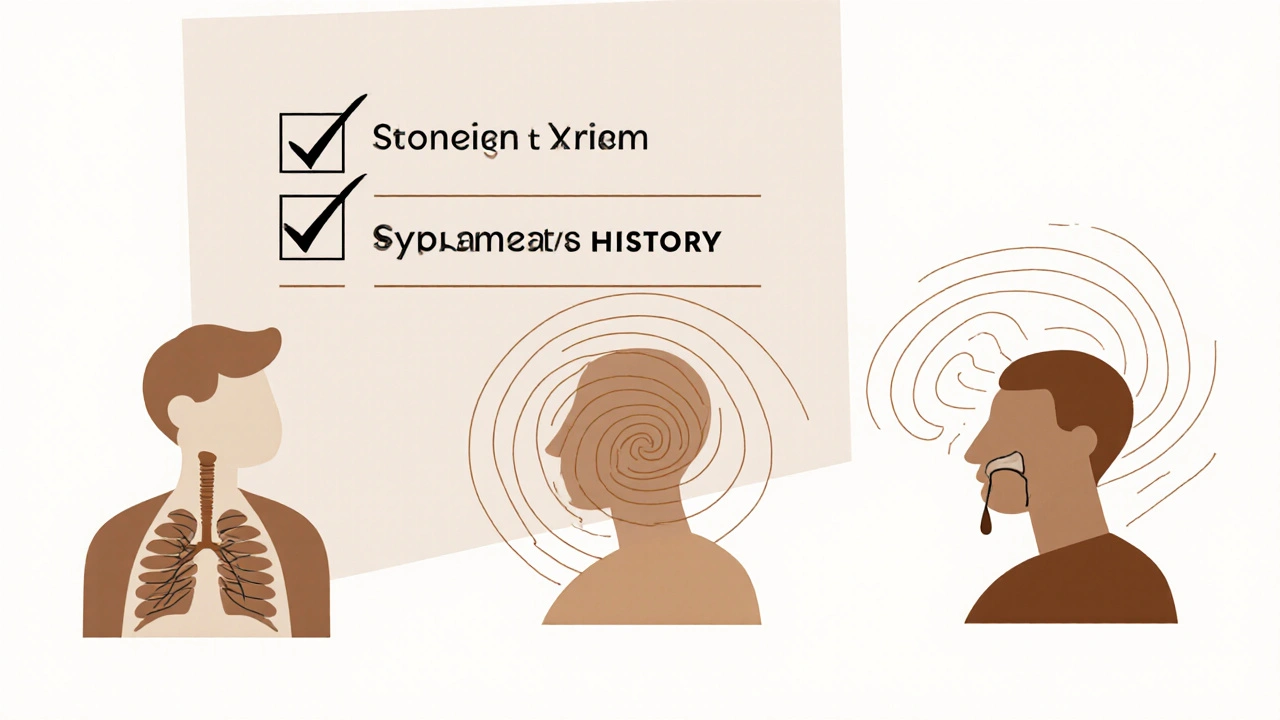 A doctor&#039;s checklist with three medical tests and three symptom halos illustrated in geometric shapes.