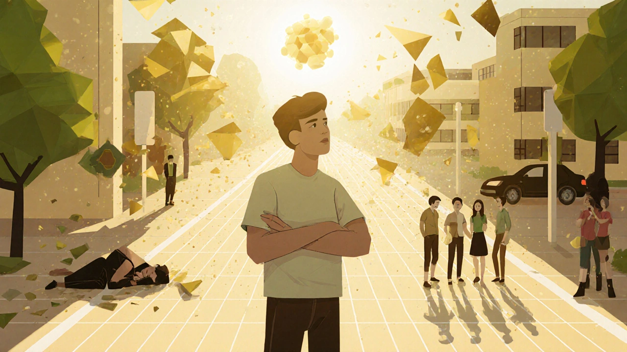 A person standing strong in sunlight, a glowing molecule above them, past struggles dissolving into geometric dust.