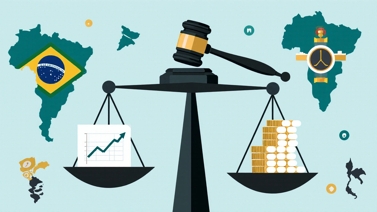 A scale balances pharmaceutical profits against life-saving pills, with court and country icons nearby.