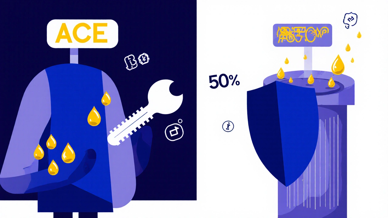 ACE inhibitor and ARB molecules blocking kidney damage with protein droplets