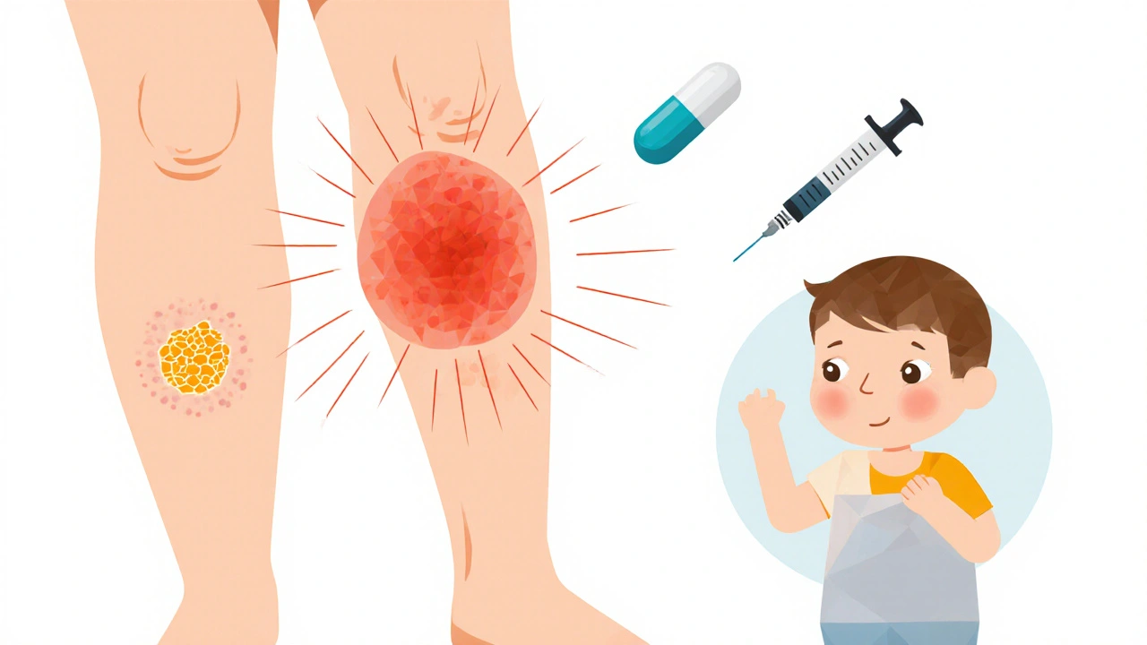 An adult leg with a geometric red patch spreading outward, contrasting with a small crusty lesion on a child's arm.