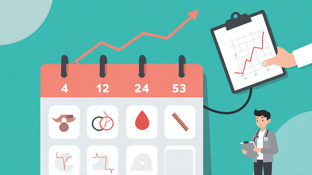 Calendar with medical checkup icons and a rising graph representing monitoring timelines for antipsychotic patients.