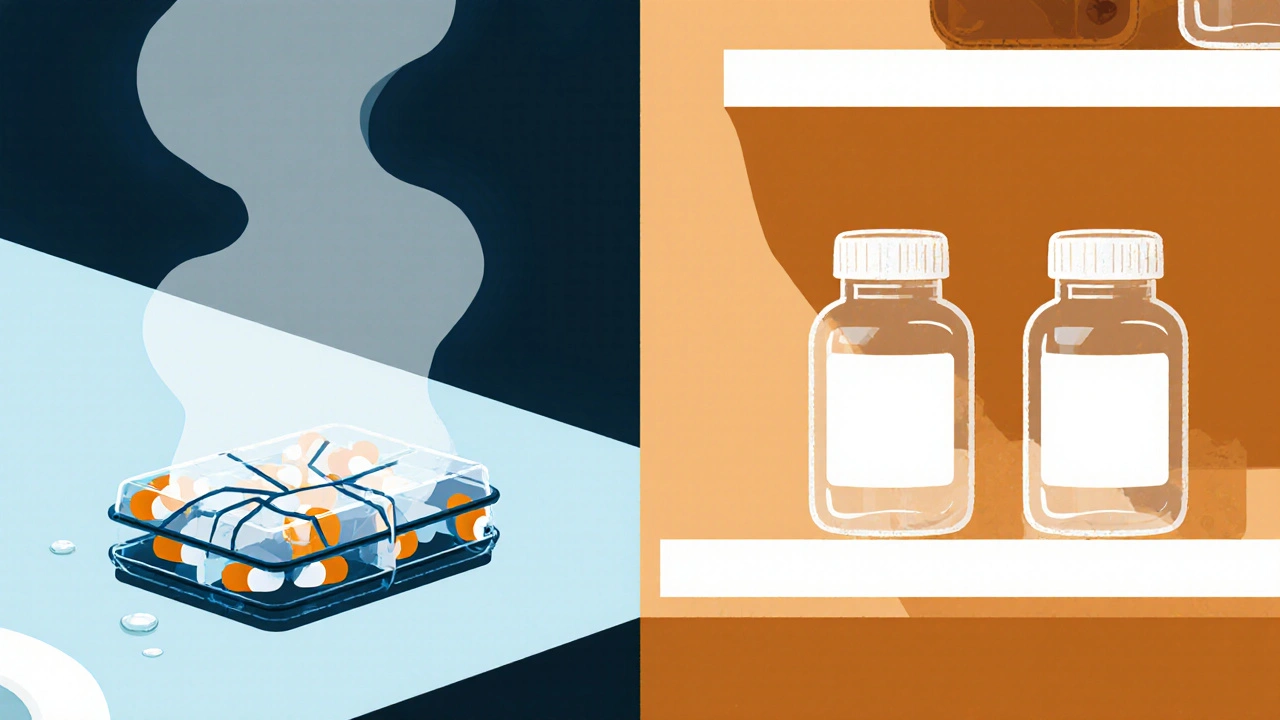 Cracked pill organizer in humid bathroom vs. safe storage of original medicine bottles on a kitchen shelf.