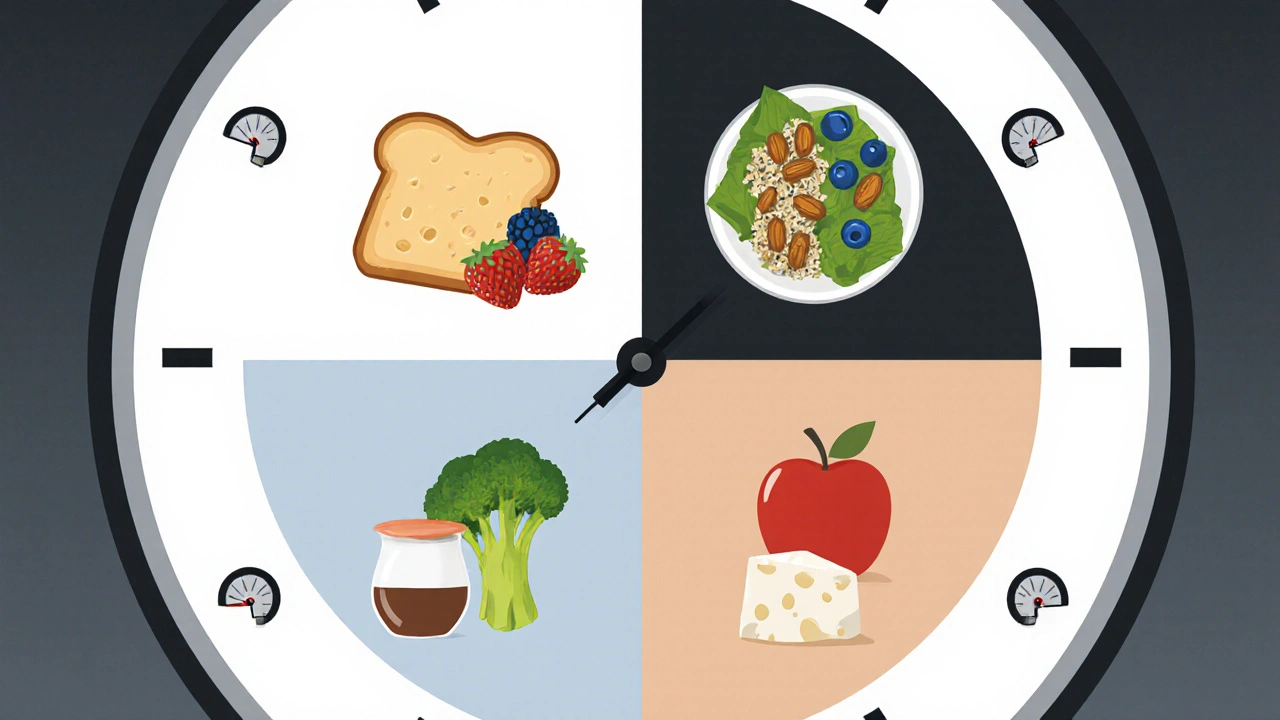 Daily meal timing clock with food icons for each snack and meal to manage gestational diabetes.