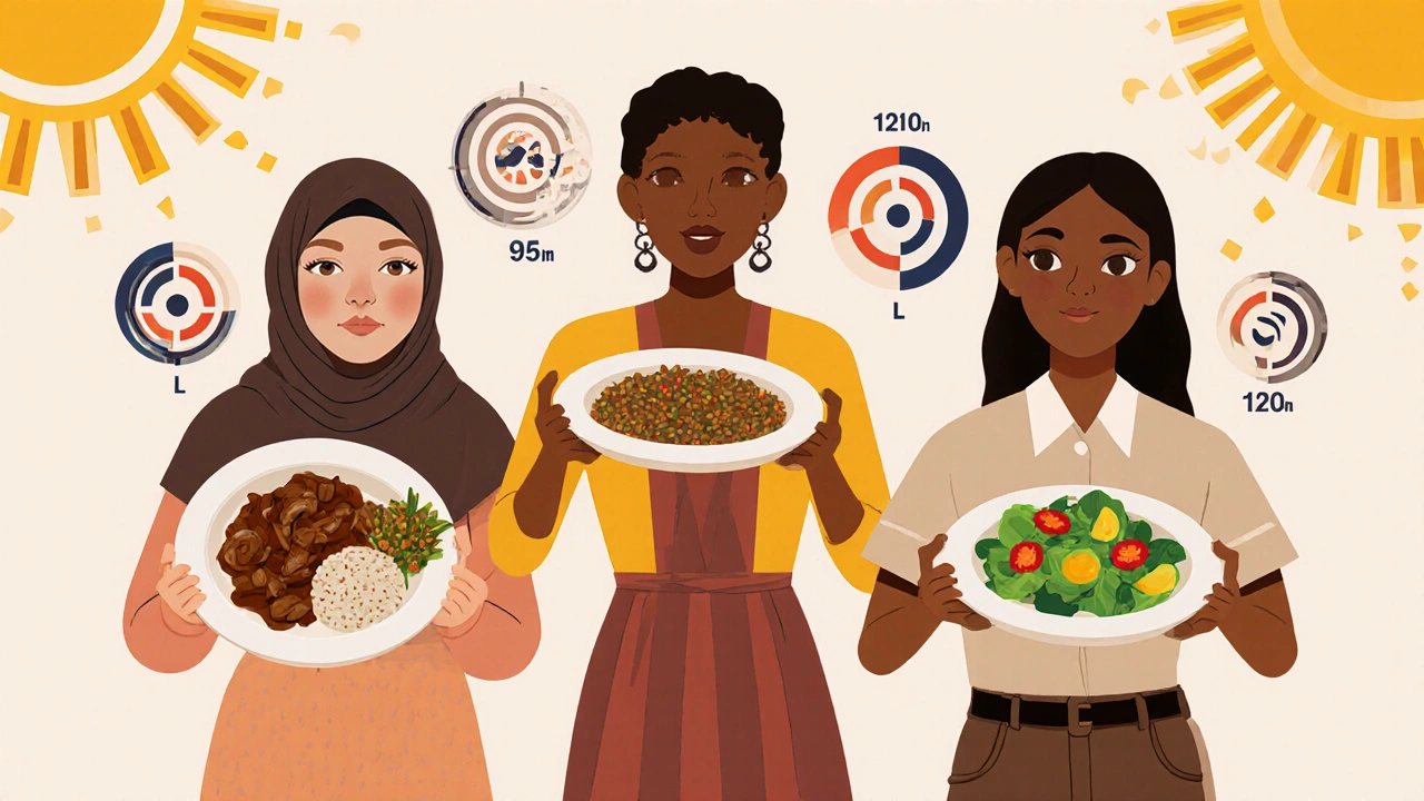 Diverse pregnant women holding culturally adapted meals with blood sugar targets floating around them.